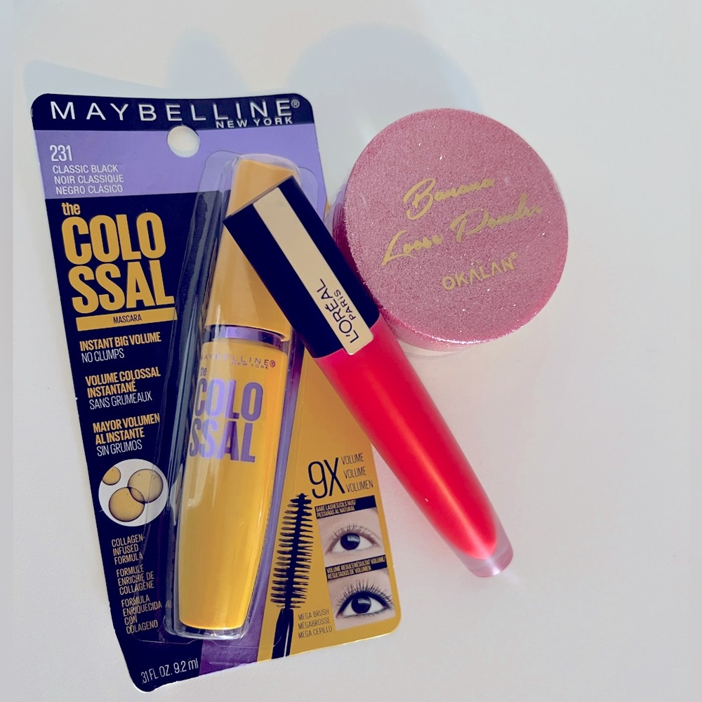 Discount makeup, has 1 mascara, loose powder and lipstick.